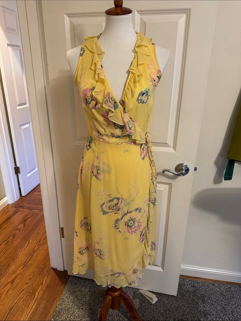 Yellow Floral Ruffle Wrap Dress 42” L Fully Lined